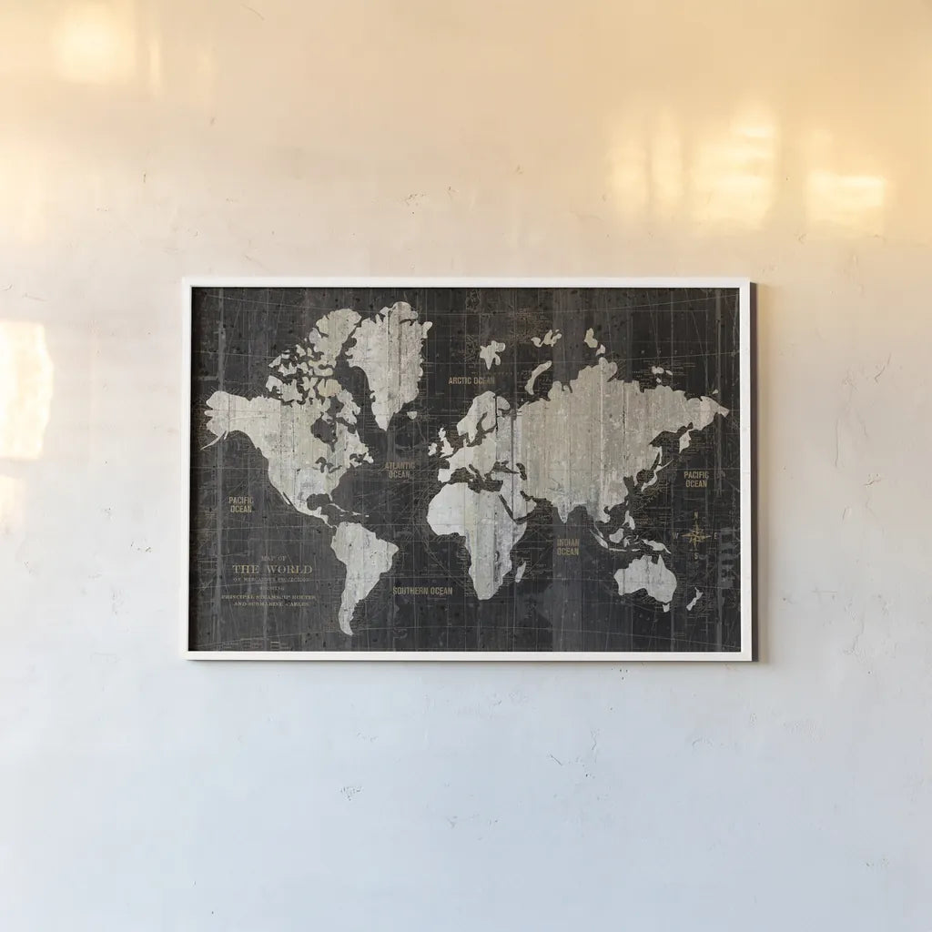 Old World Map Black by Wild Apple Portfolio. shown as a paper print in a white frame. Available as a archival giclee rolled canvas, fine art paper, or poster print. SKU 69973i.