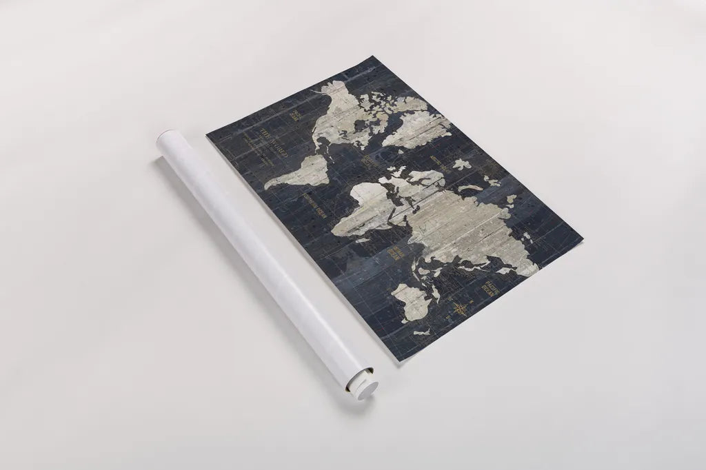 Old World Map Blue by Wild Apple Portfolio. shown as a rolled paper print. Available as archival giclee rolled canvas, fine art paper, or poster print. SKU 13558i.