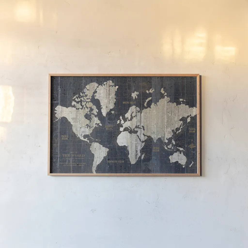 Old World Map Blue by Wild Apple Portfolio. shown as a paper print in a natural frame. Available as a archival giclee rolled canvas, fine art paper, or poster print. SKU 13558i.