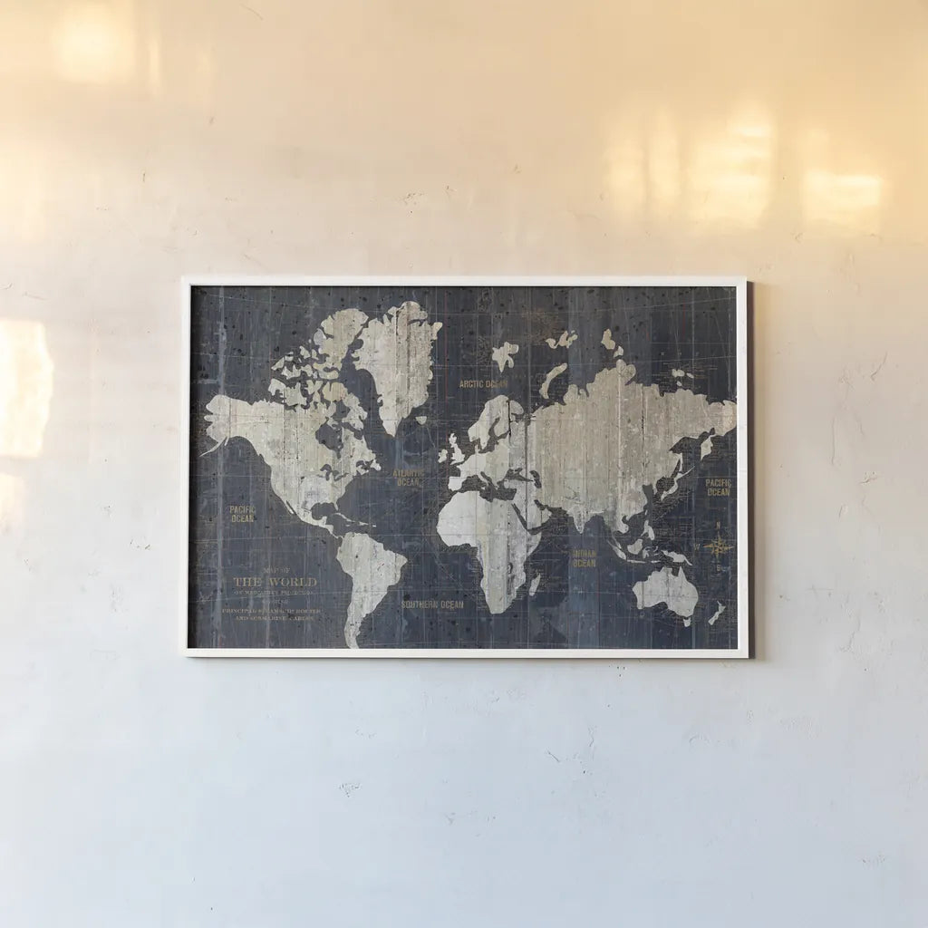 Old World Map Blue by Wild Apple Portfolio. shown as a paper print in a white frame. Available as a archival giclee rolled canvas, fine art paper, or poster print. SKU 13558i.