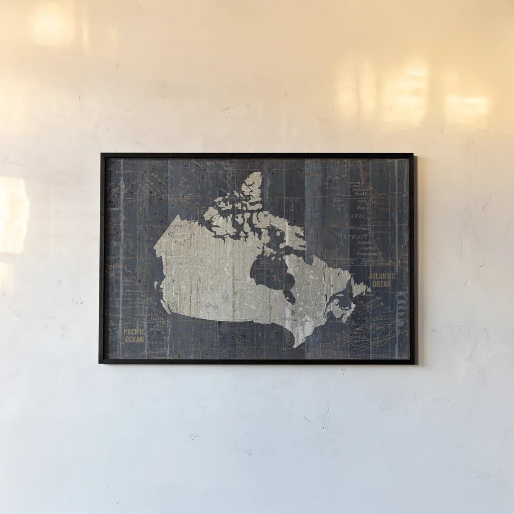 Old World Map Blue Canada by Wild Apple Portfolio. shown as a paper print in a black flame. Available as a archival giclee rolled canvas, fine art paper, or poster print. SKU 41344i.