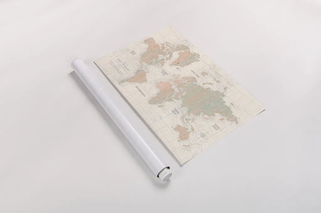 Old World Map Blush and Mint by Wild Apple Portfolio. shown as a rolled paper print. Available as archival giclee rolled canvas, fine art paper, or poster print. SKU 41810i.
