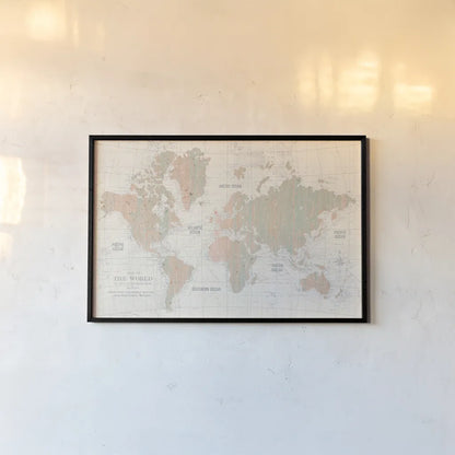 Old World Map Blush and Mint by Wild Apple Portfolio. shown as a paper print in a black flame. Available as a archival giclee rolled canvas, fine art paper, or poster print. SKU 41810i.