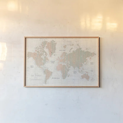 Old World Map Blush and Mint by Wild Apple Portfolio. shown as a paper print in a natural frame. Available as a archival giclee rolled canvas, fine art paper, or poster print. SKU 41810i.