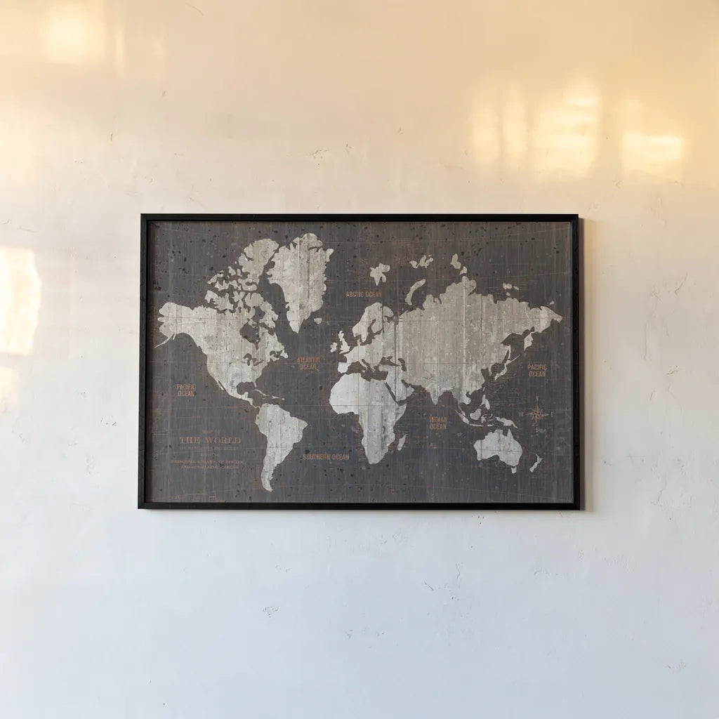 Old World Map Dark Neutral by Wild Apple Portfolio. shown as a paper print in a black flame. Available as a archival giclee rolled canvas, fine art paper, or poster print. SKU 82961i.
