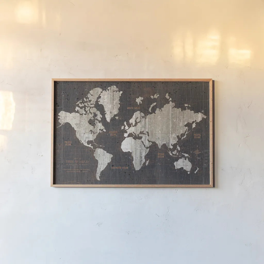 Old World Map Dark Neutral by Wild Apple Portfolio. shown as a paper print in a natural frame. Available as a archival giclee rolled canvas, fine art paper, or poster print. SKU 82961i.