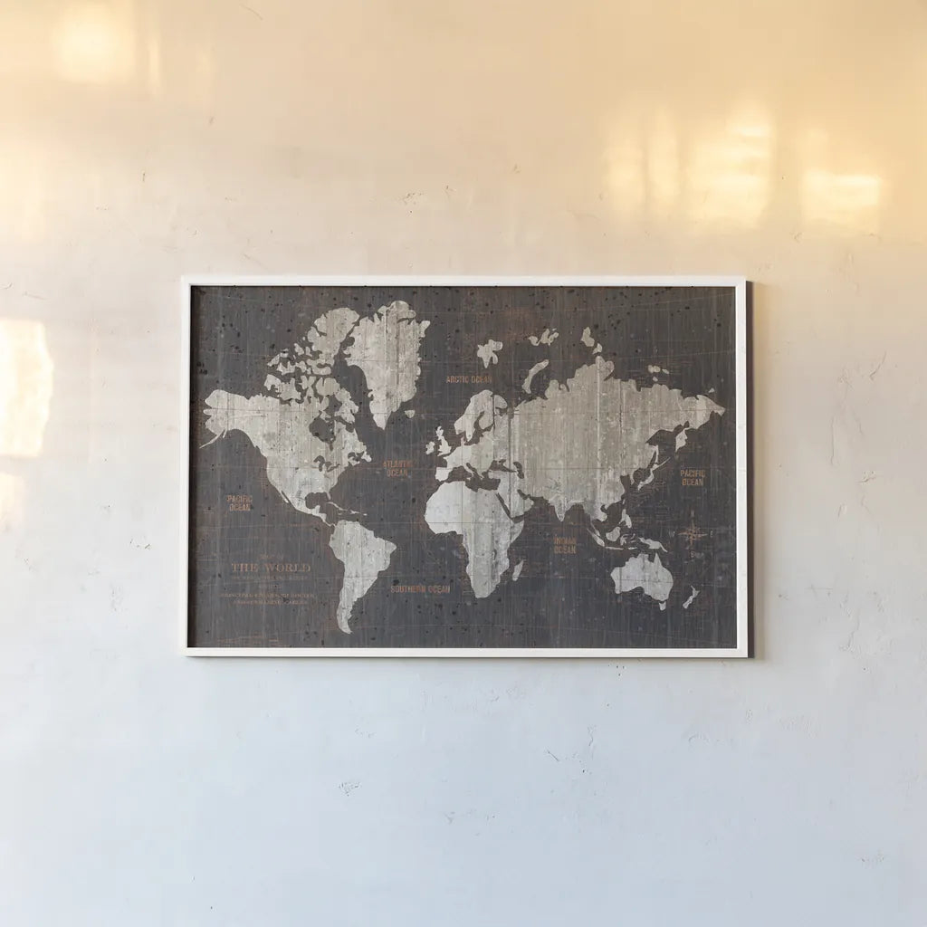 Old World Map Dark Neutral by Wild Apple Portfolio. shown as a paper print in a white frame. Available as a archival giclee rolled canvas, fine art paper, or poster print. SKU 82961i.