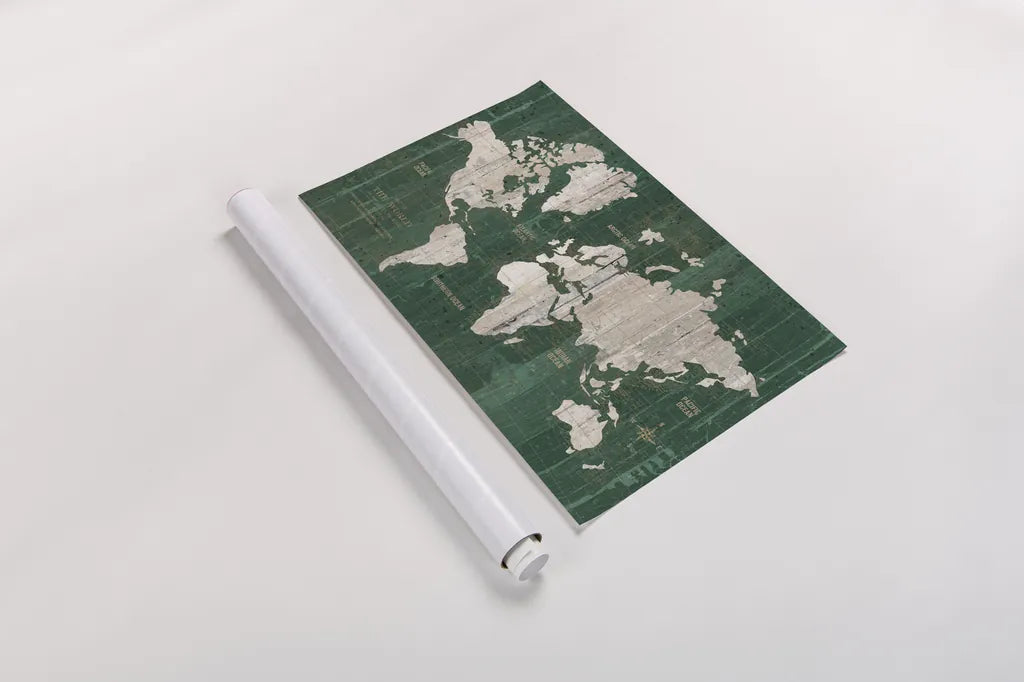 Old World Map Green by Wild Apple Portfolio. shown as a rolled paper print. Available as archival giclee rolled canvas, fine art paper, or poster print. SKU 82334i.