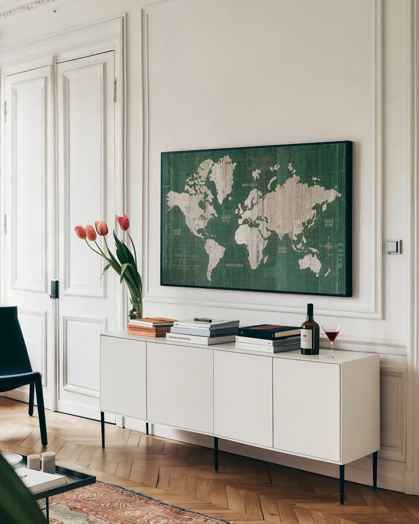 Old World Map Green Atlantic Ocean by Wild Apple Portfolio. shown as a framed stretched canvas in a living room above a console. Available as a archival giclee rolled canvas, fine art paper, or poster print. SKU 85532i.