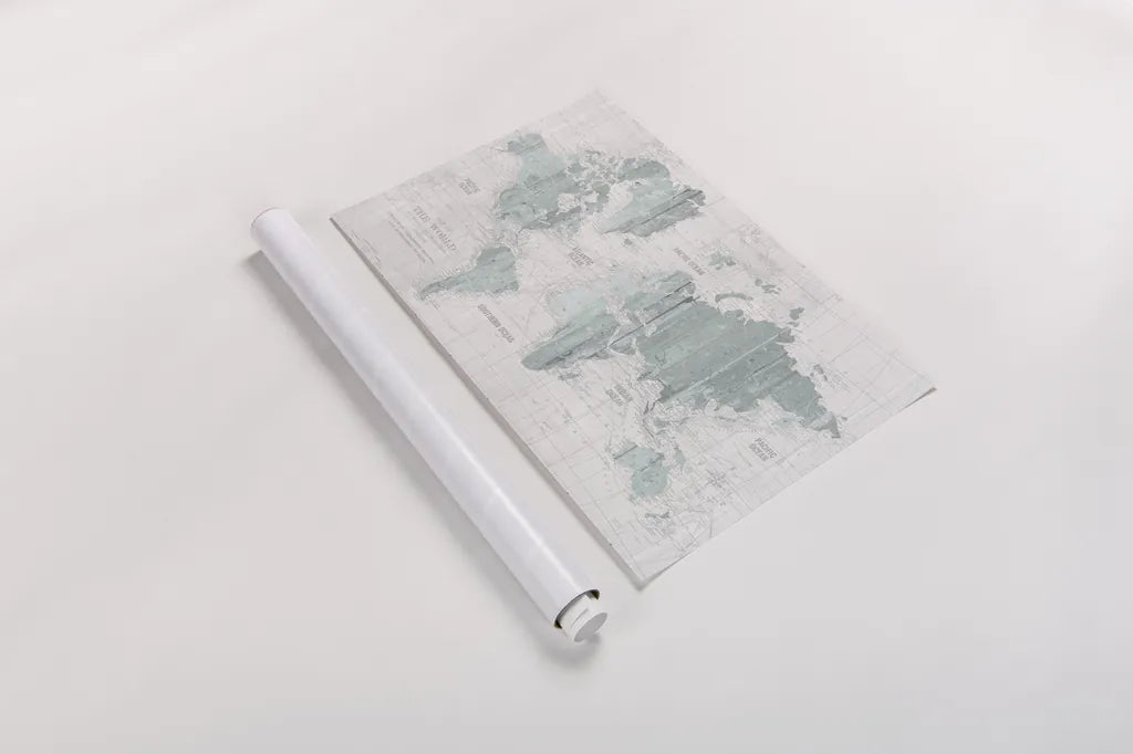 Old World Map Mint Gray by Wild Apple Portfolio. shown as a rolled paper print. Available as archival giclee rolled canvas, fine art paper, or poster print. SKU 41813i.