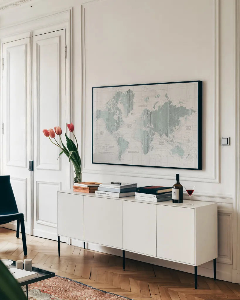 Old World Map Mint Gray by Wild Apple Portfolio. shown as a framed stretched canvas in a living room above a console. Available as a archival giclee rolled canvas, fine art paper, or poster print. SKU 41813i.