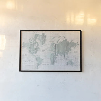 Old World Map Mint Gray by Wild Apple Portfolio. shown as a paper print in a black flame. Available as a archival giclee rolled canvas, fine art paper, or poster print. SKU 41813i.