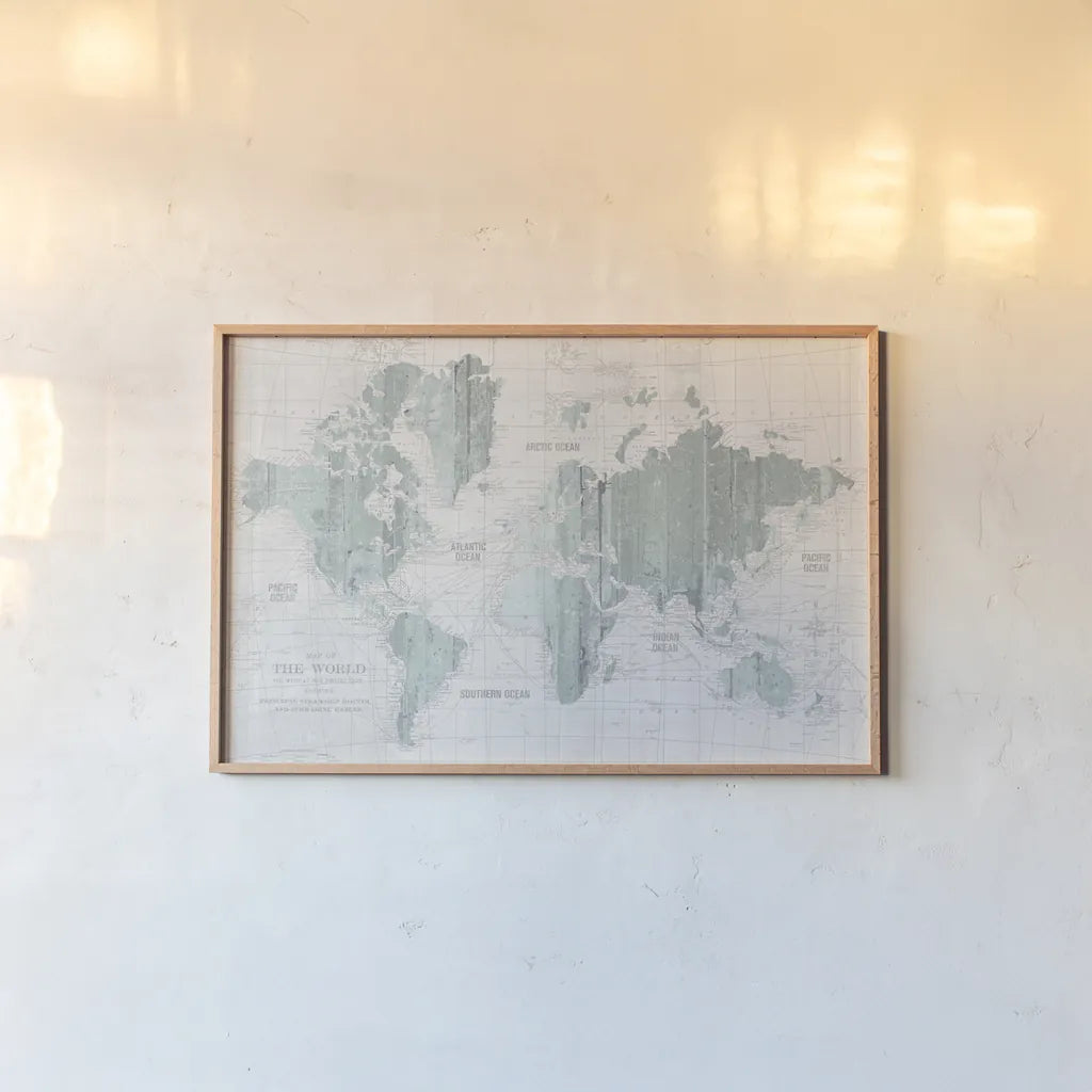 Old World Map Mint Gray by Wild Apple Portfolio. shown as a paper print in a natural frame. Available as a archival giclee rolled canvas, fine art paper, or poster print. SKU 41813i.