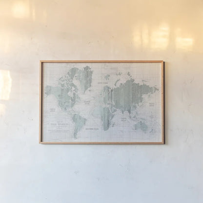 Old World Map Mint Gray by Wild Apple Portfolio. shown as a paper print in a natural frame. Available as a archival giclee rolled canvas, fine art paper, or poster print. SKU 41813i.