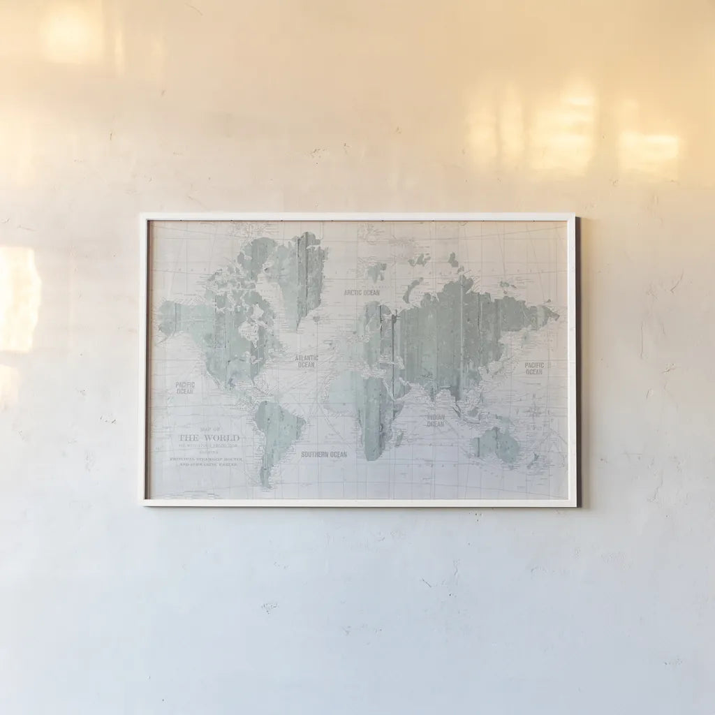 Old World Map Mint Gray by Wild Apple Portfolio. shown as a paper print in a white frame. Available as a archival giclee rolled canvas, fine art paper, or poster print. SKU 41813i.