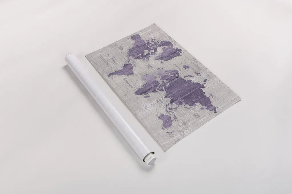 Old World Map Purple Gray by Wild Apple Portfolio. shown as a rolled paper print. Available as archival giclee rolled canvas, fine art paper, or poster print. SKU 41812i.