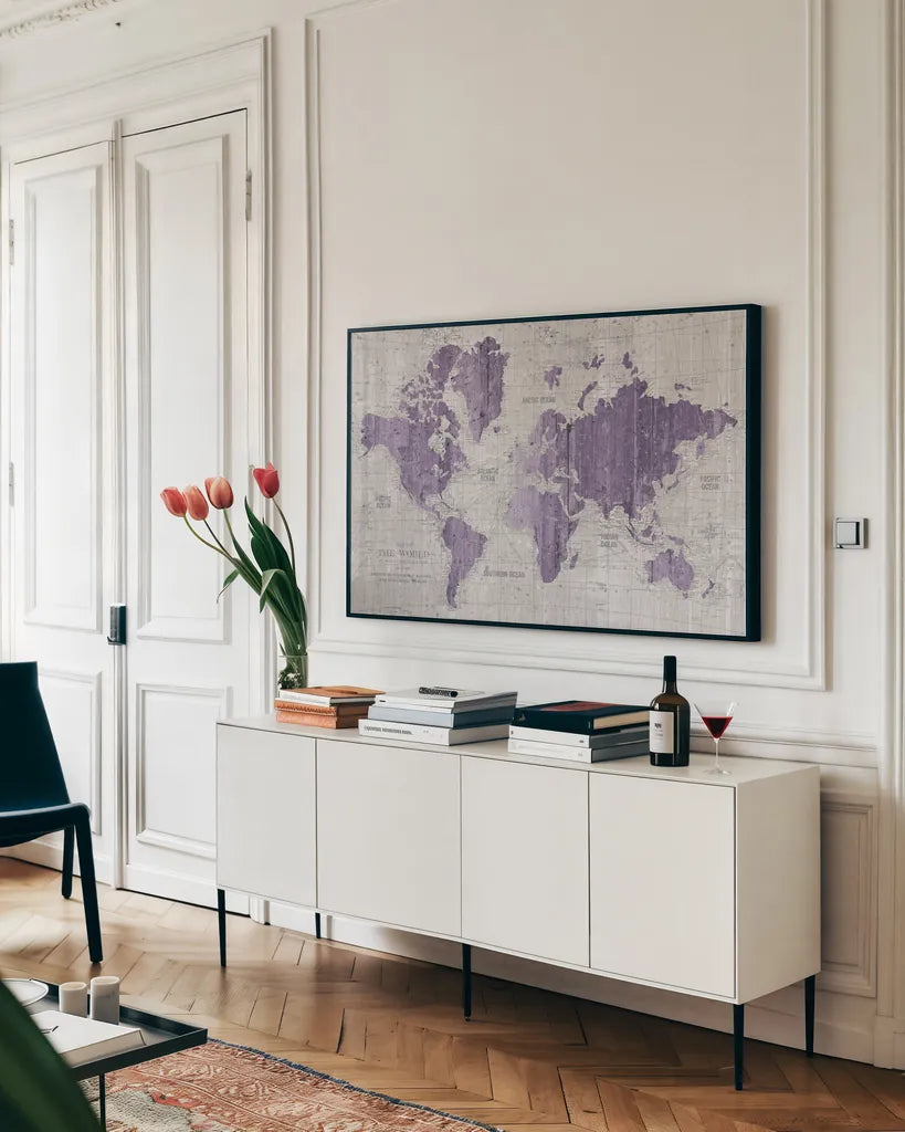 Old World Map Purple Gray by Wild Apple Portfolio. shown as a framed stretched canvas in a living room above a console. Available as a archival giclee rolled canvas, fine art paper, or poster print. SKU 41812i.