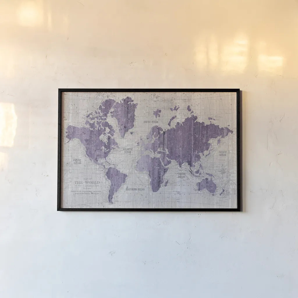 Old World Map Purple Gray by Wild Apple Portfolio. shown as a paper print in a black flame. Available as a archival giclee rolled canvas, fine art paper, or poster print. SKU 41812i.