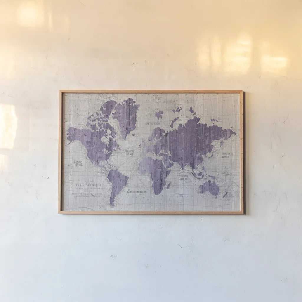 Old World Map Purple Gray by Wild Apple Portfolio. shown as a paper print in a natural frame. Available as a archival giclee rolled canvas, fine art paper, or poster print. SKU 41812i.