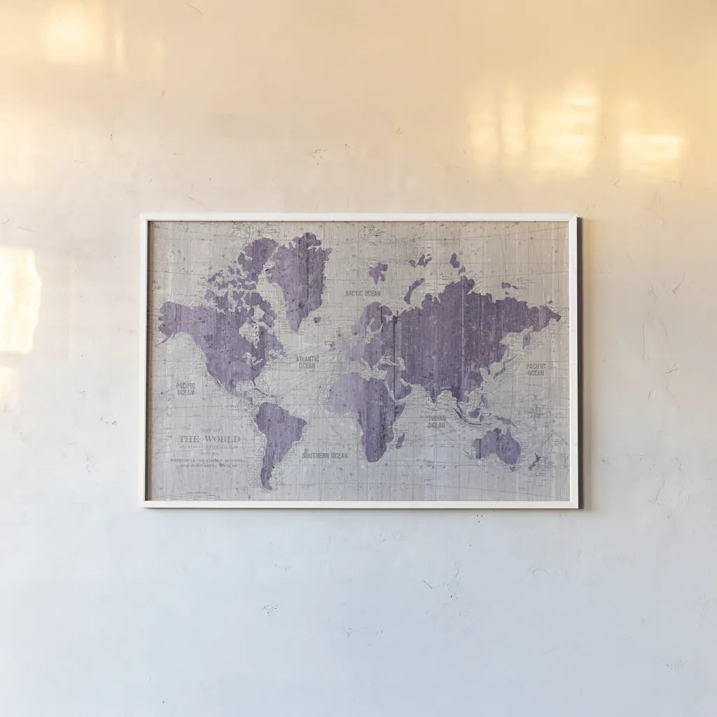 Old World Map Purple Gray by Wild Apple Portfolio. shown as a paper print in a white frame. Available as a archival giclee rolled canvas, fine art paper, or poster print. SKU 41812i.