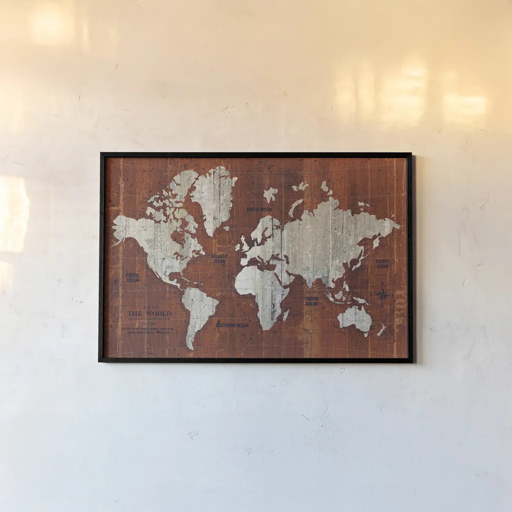 Old World Map Rust by Wild Apple Portfolio. shown as a paper print in a black flame. Available as a archival giclee rolled canvas, fine art paper, or poster print. SKU 69974i.