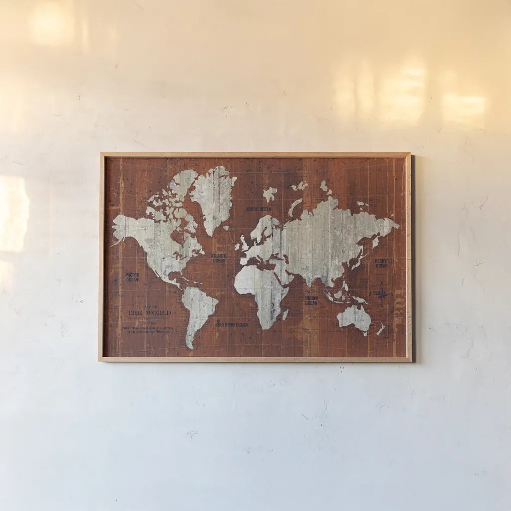 Old World Map Rust by Wild Apple Portfolio. shown as a paper print in a natural frame. Available as a archival giclee rolled canvas, fine art paper, or poster print. SKU 69974i.