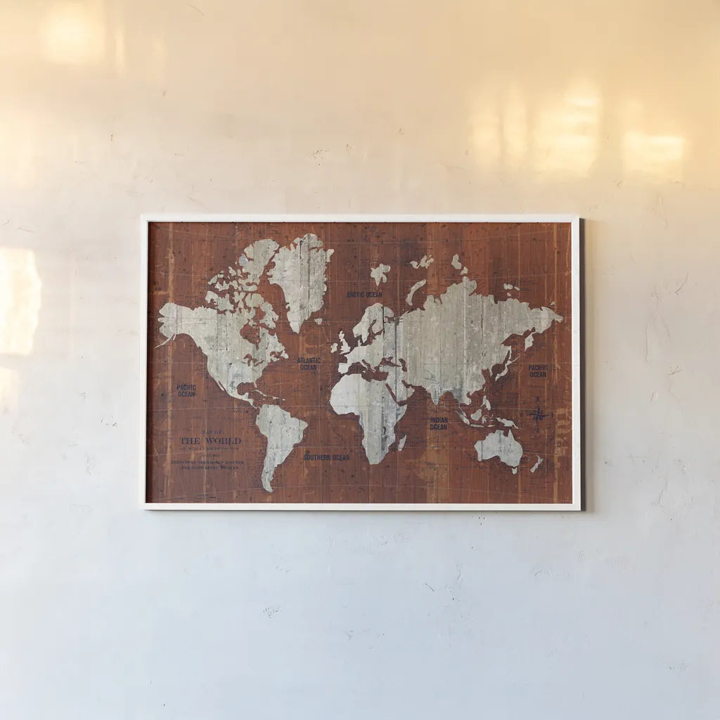 Old World Map Rust by Wild Apple Portfolio. shown as a paper print in a white frame. Available as a archival giclee rolled canvas, fine art paper, or poster print. SKU 69974i.