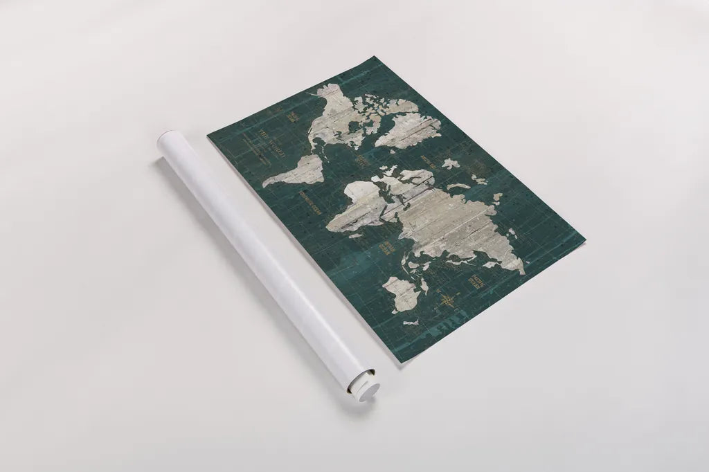 Old World Map Teal by Wild Apple Portfolio. shown as a rolled paper print. Available as archival giclee rolled canvas, fine art paper, or poster print. SKU 69972i.