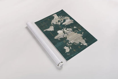 Old World Map Teal by Wild Apple Portfolio. shown as a rolled paper print. Available as archival giclee rolled canvas, fine art paper, or poster print. SKU 69972i.