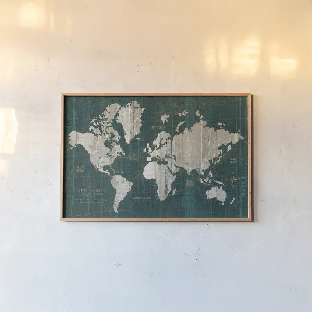 Old World Map Teal by Wild Apple Portfolio. shown as a paper print in a natural frame. Available as a archival giclee rolled canvas, fine art paper, or poster print. SKU 69972i.