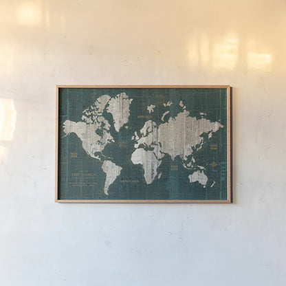 Old World Map Teal by Wild Apple Portfolio. shown as a paper print in a natural frame. Available as a archival giclee rolled canvas, fine art paper, or poster print. SKU 69972i.