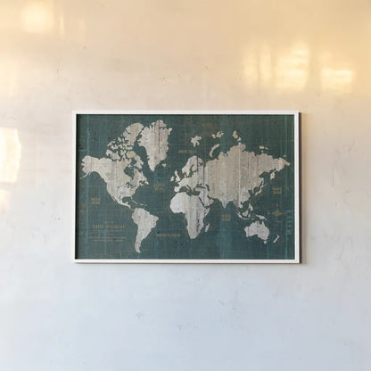 Old World Map Teal by Wild Apple Portfolio. shown as a paper print in a white frame. Available as a archival giclee rolled canvas, fine art paper, or poster print. SKU 69972i.