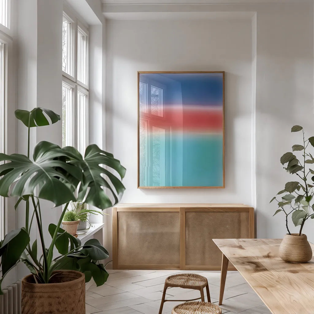 Ombre I by Wild Apple Portfolio. shown as a print in a natural wood frame in a dining room. Available as a archival giclee rolled canvas, fine art paper, or poster print. SKU 80714h.