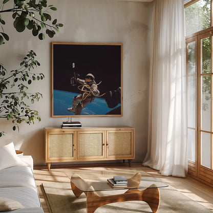 Orbit by Wild Apple Portfolio. Shown in a natural wood frame in a cozy modern living room. Available as an archival giclee rolled canvas, fine art paper, or poster print. SKU 84534a.