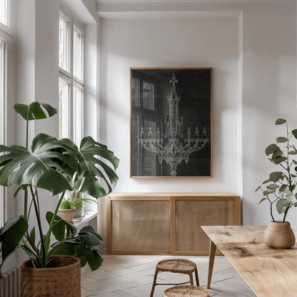 Ornamental Metal Work Chandelier by Wild Apple Portfolio. shown as a print in a natural wood frame in a dining room. Available as a archival giclee rolled canvas, fine art paper, or poster print. SKU 21373h.