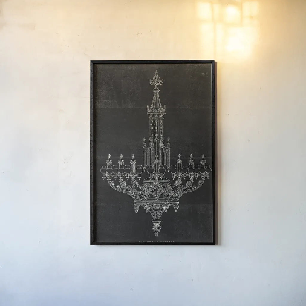 Ornamental Metal Work Chandelier by Wild Apple Portfolio. shown as a paper print in a black flame. Available as a archival giclee rolled canvas, fine art paper, or poster print. SKU 21373h.