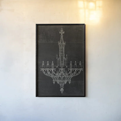 Ornamental Metal Work Chandelier by Wild Apple Portfolio. shown as a paper print in a black flame. Available as a archival giclee rolled canvas, fine art paper, or poster print. SKU 21373h.