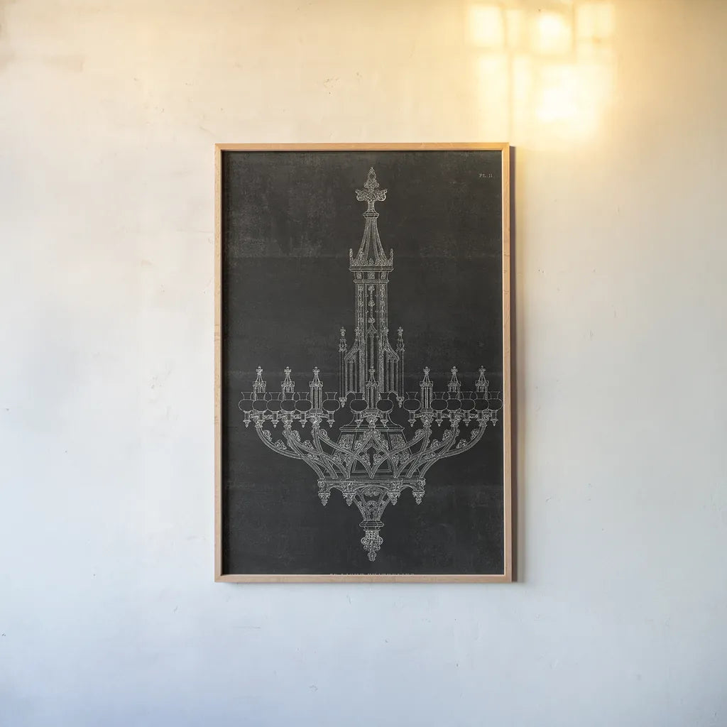 Ornamental Metal Work Chandelier by Wild Apple Portfolio. shown as a paper print in a natural frame. Available as a archival giclee rolled canvas, fine art paper, or poster print. SKU 21373h.