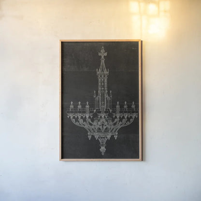 Ornamental Metal Work Chandelier by Wild Apple Portfolio. shown as a paper print in a natural frame. Available as a archival giclee rolled canvas, fine art paper, or poster print. SKU 21373h.