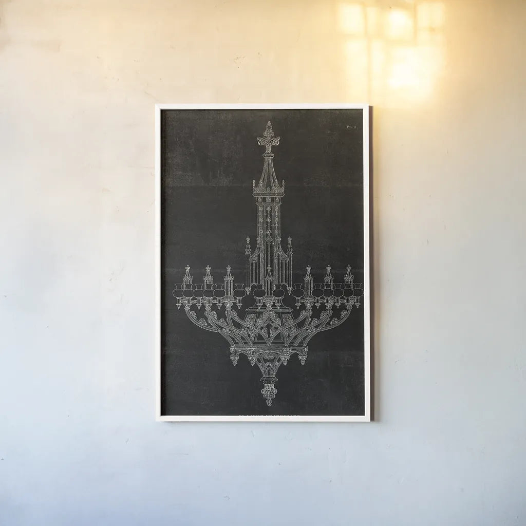 Ornamental Metal Work Chandelier by Wild Apple Portfolio. shown as a paper print in a white frame. Available as a archival giclee rolled canvas, fine art paper, or poster print. SKU 21373h.