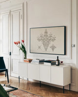 Ornamental Metal Work X Light by Wild Apple Portfolio. shown as a framed stretched canvas in a living room above a console. Available as a archival giclee rolled canvas, fine art paper, or poster print. SKU 42715i.