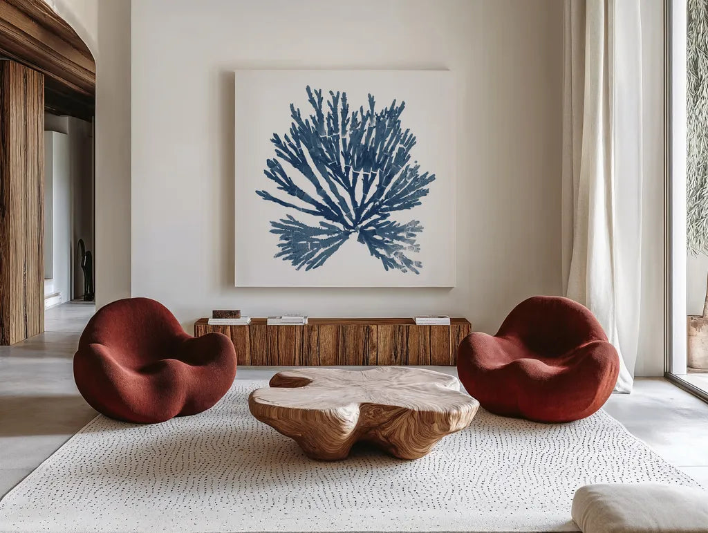Pacific Sea Mosses Blue on White II by Wild Apple Portfolio. Shown as extra-large giant wall art in a modern living room. Available as an archival giclee rolled canvas, fine art paper, or poster print. SKU 53892a.