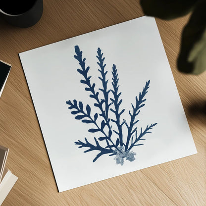 Pacific Sea Mosses Blue on White III by Wild Apple Portfolio. Shown as a detailed flat fine art print, highlighting archival giclee quality. Available as an archival giclee rolled canvas, fine art paper, or poster print. SKU 53893a.