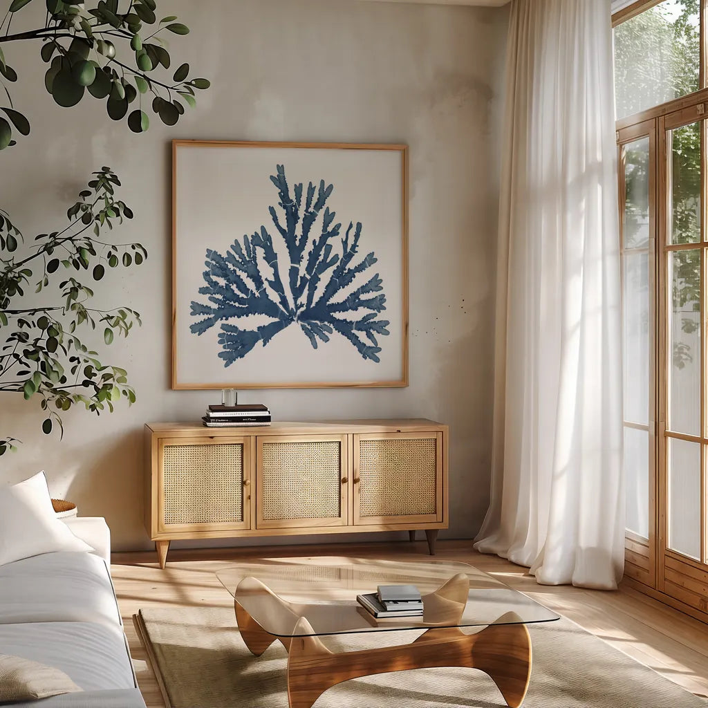 Pacific Sea Mosses Blue on White IV by Wild Apple Portfolio. Shown in a natural wood frame in a cozy modern living room. Available as an archival giclee rolled canvas, fine art paper, or poster print. SKU 53894a.