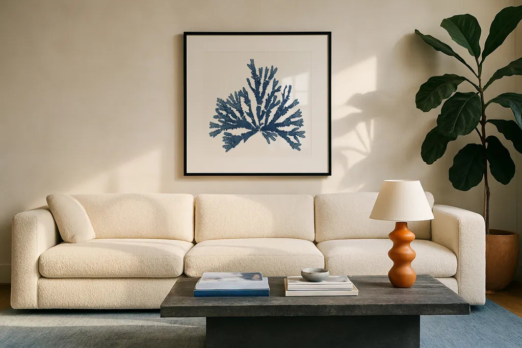 Pacific Sea Mosses Blue on White IV by Wild Apple Portfolio. Displayed in a glass frame with matte in a clean modern living room. Available as an archival giclee rolled canvas, fine art paper, or poster print. SKU 53894a.
