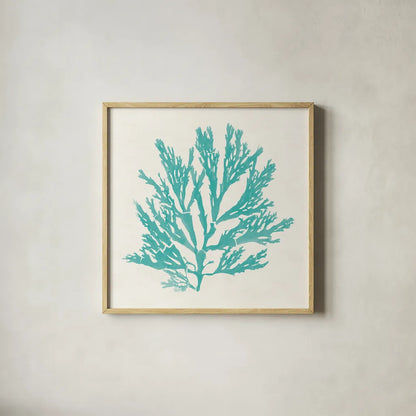 Pacific Sea Mosses I Aqua by Wild Apple Portfolio. Shown in a natural wood glass frame for a timeless modern aesthetic. Available as an archival giclee rolled canvas, fine art paper, or poster print. SKU 55908a.