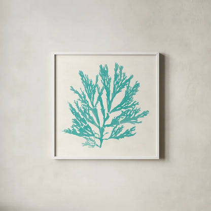 Pacific Sea Mosses I Aqua by Wild Apple Portfolio. Shown in a crisp white glass frame for a clean and minimalist style. Available as an archival giclee rolled canvas, fine art paper, or poster print. SKU 55908a.