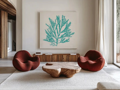 Pacific Sea Mosses I Aqua by Wild Apple Portfolio. Shown as extra-large giant wall art in a modern living room. Available as an archival giclee rolled canvas, fine art paper, or poster print. SKU 55908a.