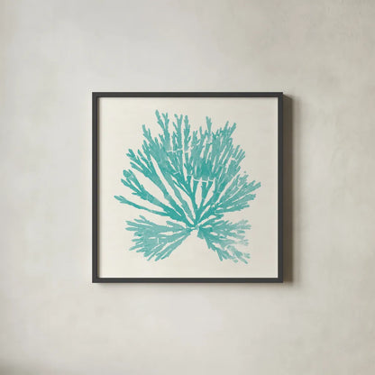 Pacific Sea Mosses II Aqua by Wild Apple Portfolio. Shown in a sleek black glass frame for a contemporary gallery look. Available as an archival giclee rolled canvas, fine art paper, or poster print. SKU 55909a.