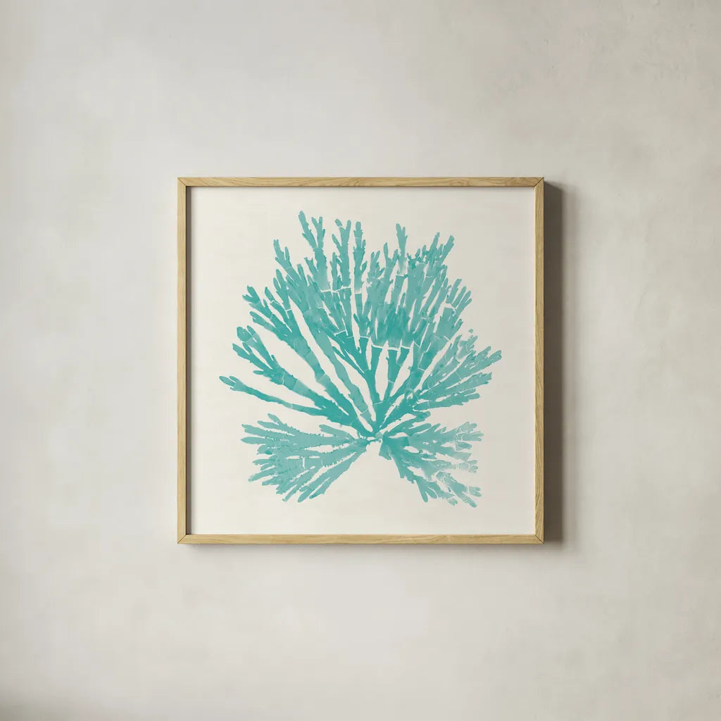 Pacific Sea Mosses II Aqua by Wild Apple Portfolio. Shown in a natural wood glass frame for a timeless modern aesthetic. Available as an archival giclee rolled canvas, fine art paper, or poster print. SKU 55909a.